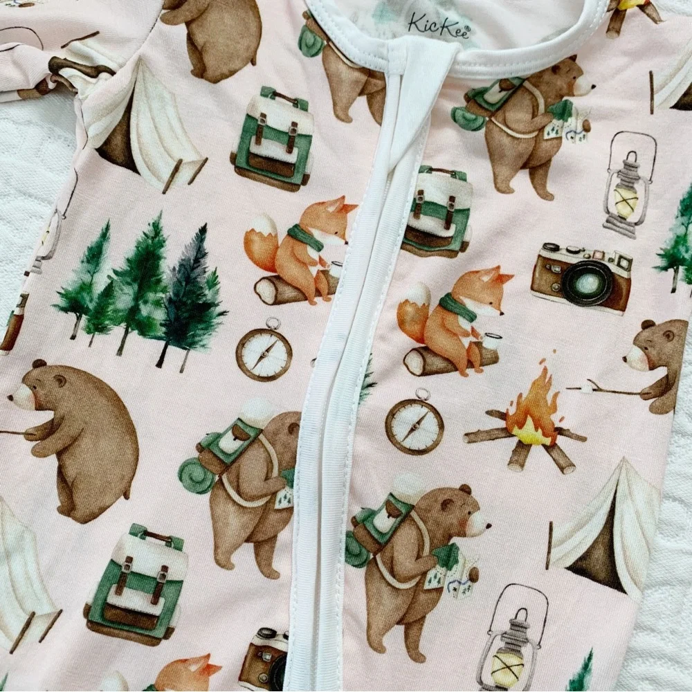 KICKEE Zipper Footie Pajamas, Latte Camping Animals‎ (3-6 Months)